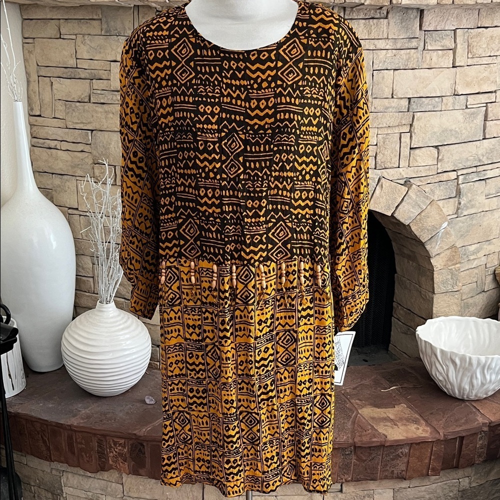 Nubian Queen Dress Vintage Kaftan Size 3X New Geometric Gold/Orange and Black